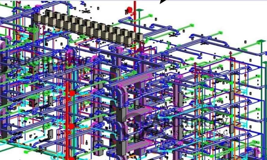 Coordinated building-services model showing pipework and equipment